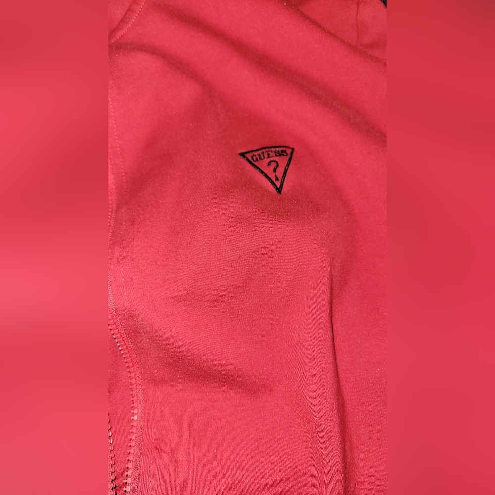 Guess Cherry Red Logo Jacket MENS XL A Few Stains On Back Arms View Pics - Picture 7 of 7